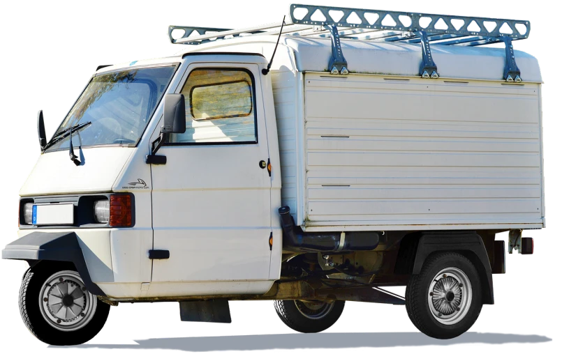 a white truck parked on the side of the road, a digital rendering, pixabay, renaissance, under repairs, with a roof rack, 90s photo, stock image
