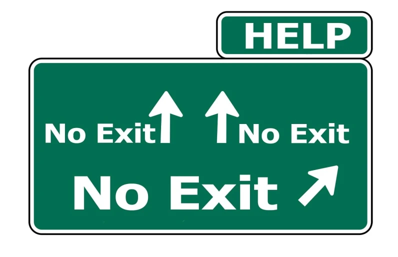 two green signs that say no exit and no exit, by Harold Elliott, pexels, excessivism, wikihow illustration, hindi text, hell and heaven