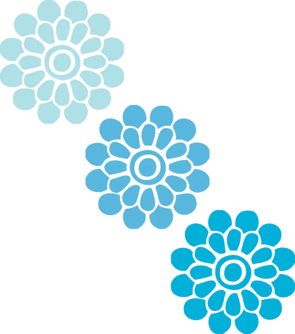 three blue flowers on a black background, vector art, inspired by Masamitsu Ōta, deviantart, sōsaku hanga, circles, in a row, [ closeup ]!!, 3 colors