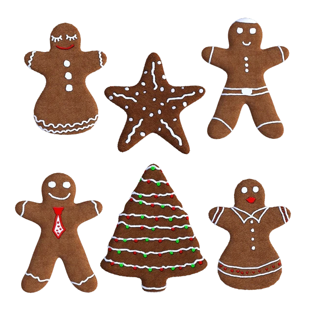 a group of decorated gingerbreads on a black background, by David Garner, rendered in maya, highly detailed toy, grand!, g6