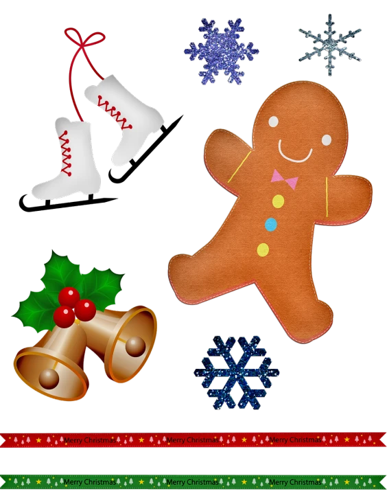 a gingerbread, bells, and snowflakes on a black background, a digital rendering, 😃😀😄☺🙃😉😗, cut out collage, clip art, toys