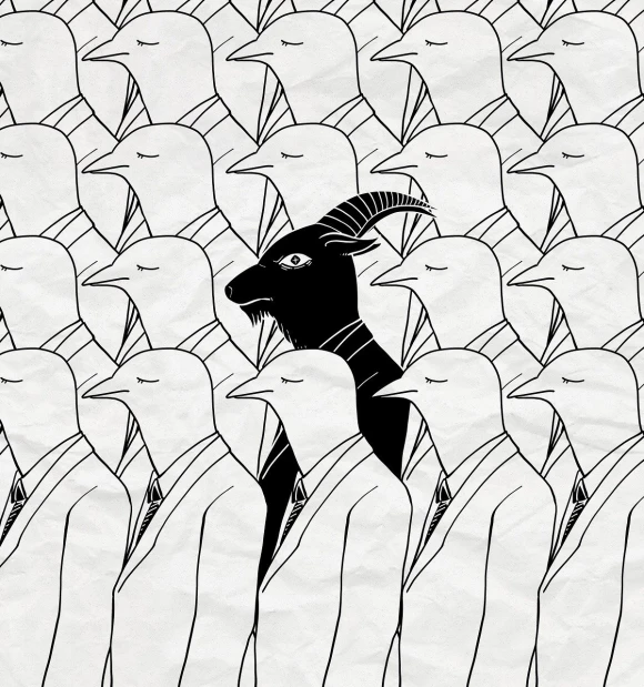 a black and white drawing of a person in a crowd, a cartoon, by Raúl Martínez, tumblr, the devastating wise goat, symmetrical digital illustration, deers and ravens, the problem of evil