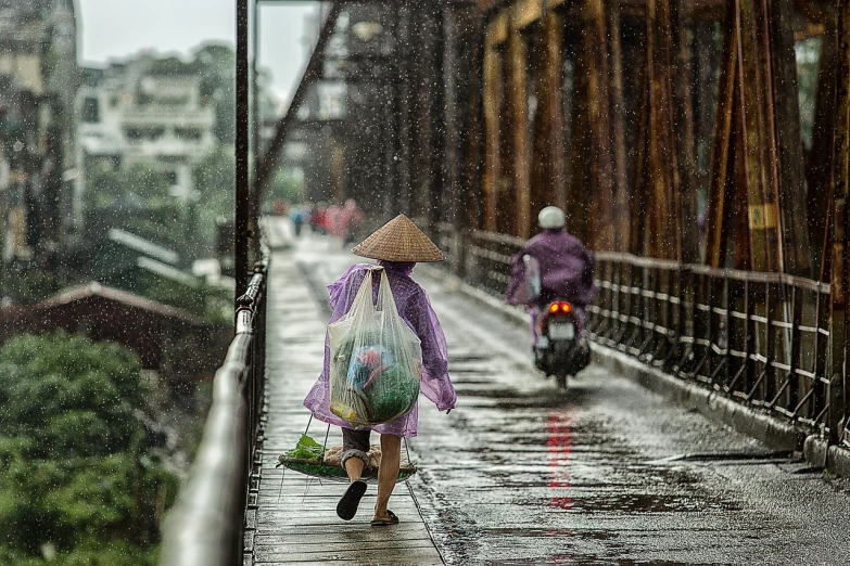 two people walking across a bridge in the rain, by Joze Ciuha, flickr contest winner, vietnamese woman, by greg rutkowski, carrying big sack, purple rain