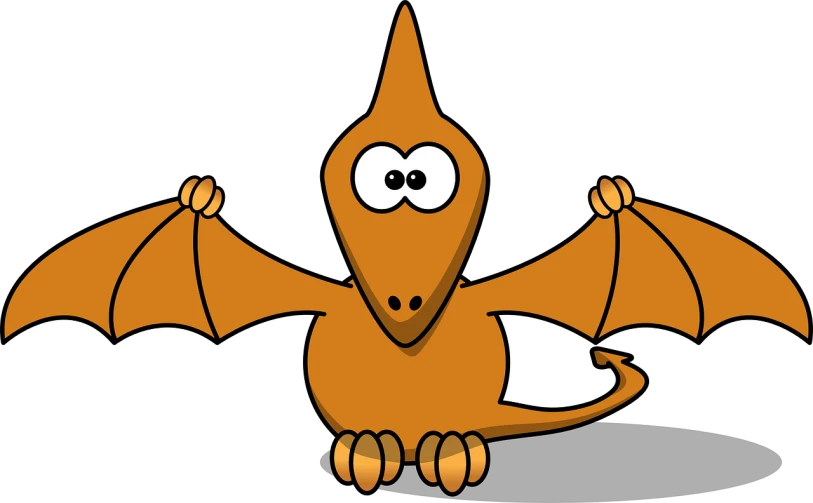 a cartoon bird with large wings on a black background, vector art, inspired by Abidin Dino, pixabay, digital art, curved horned dragon!, orange body, t - rex, weird silly thing with big eyes