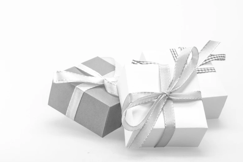 a couple of gift boxes sitting next to each other, a black and white photo, trending on pixabay, gradient white to silver, white background, white ribbon, professional product photo