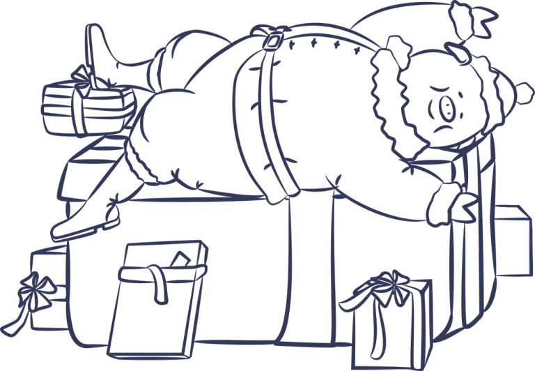 a black and white drawing of a person laying on a suitcase, lineart, inspired by Fernando Botero, graffiti, decorative dark blue clothing, christmas night, header, full image