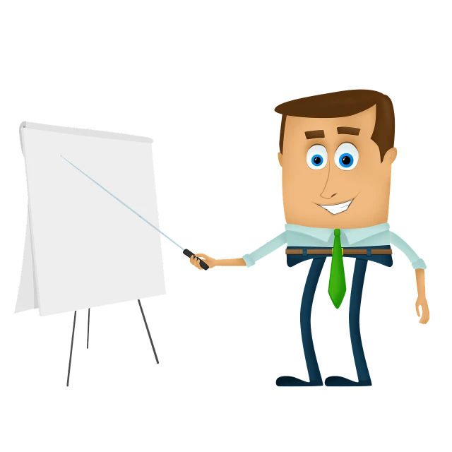 a cartoon man standing in front of a white board, a cartoon, on black background, business meeting, 3d animated, sharp focus illustration
