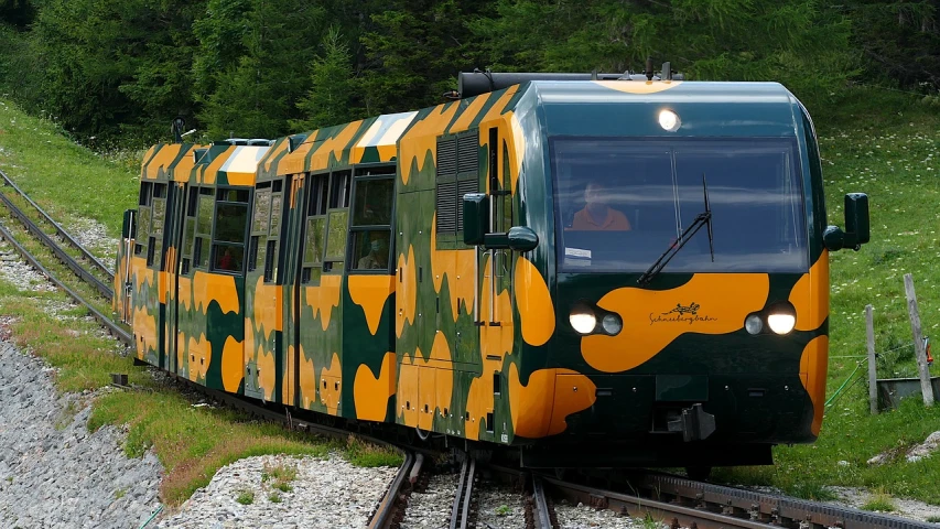 a green and yellow train traveling down train tracks, by karlkka, camouflage scheme, whistler, fully covered, taiga