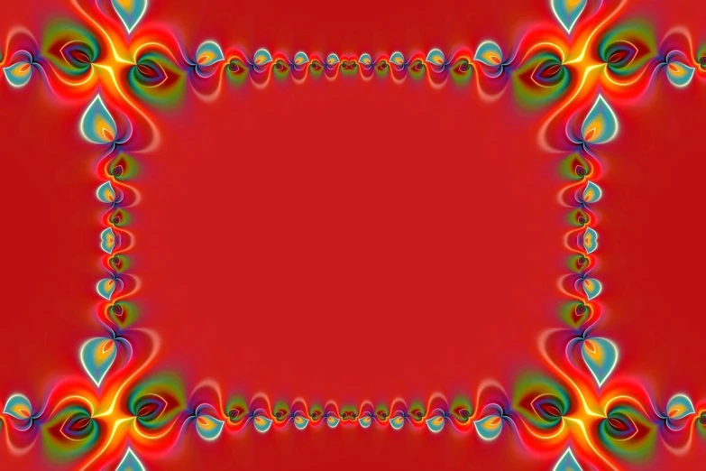 a colorful frame on a red background, a digital rendering, inspired by Benoit B. Mandelbrot, color field, red hearts, wide wide shot, lsd waves, card