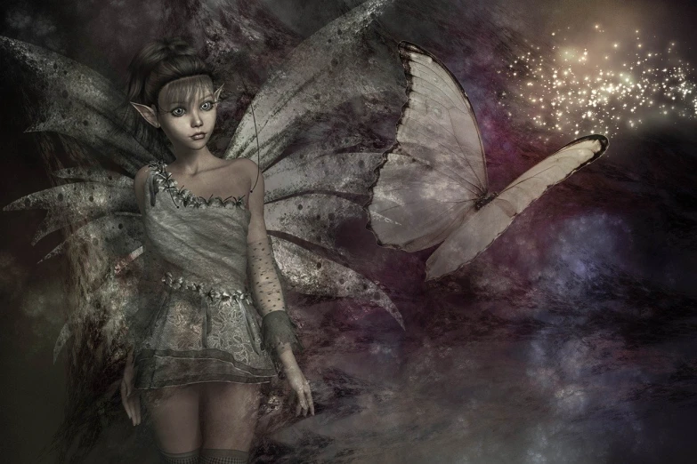 a woman dressed as a fairy standing next to a butterfly, digital art, by Cindy Wright, desaturated, atmospheric crystal dust, pixie character, a still of an ethereal