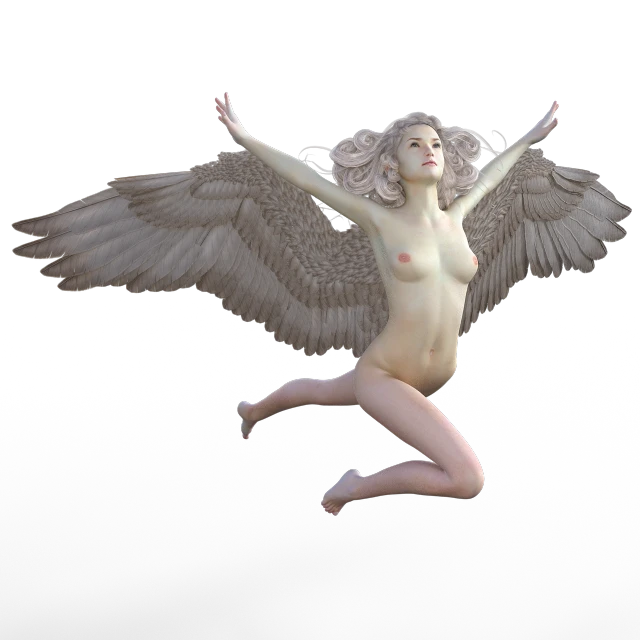 an image of a woman with wings in the air, a 3D render, inspired by Roberto Ferri, full entire body fun pose, blonde, 3d-render, cherub