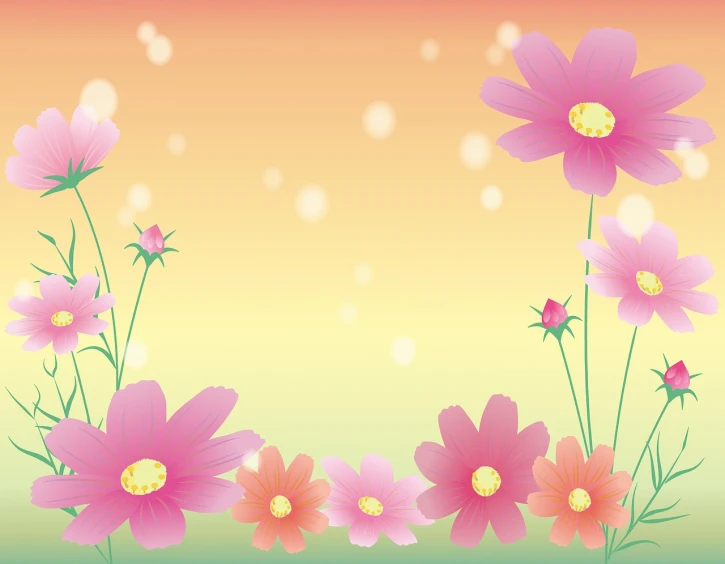 a group of pink flowers sitting on top of a green field, a picture, by Hasegawa Settan, romanticism, with gradients, cosmos, soft yellow background, pink and orange