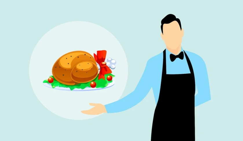 a man holding a plate with a turkey on it, an illustration of, pixabay, white apron, chicken sandwich, ready - made, oven