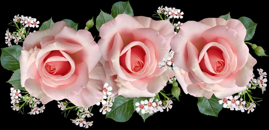 a group of pink roses sitting next to each other, a digital rendering, trending on pixabay, on black background, serene smile, digitally enhanced, floral lacework