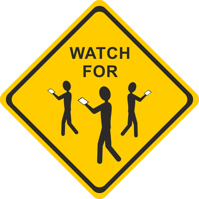 a yellow watch for pedestrians sign on a black background, a cartoon, by Matthew D. Wilson, reddit, happening, hold up smartphone, they are watching, ¯_(ツ)_/¯