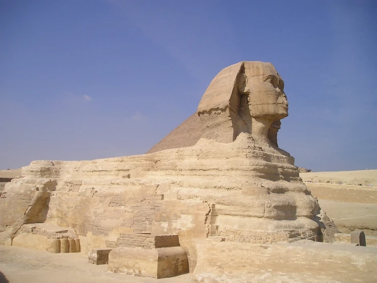 a statue of a sphinx in front of a pyramid, egyptian art, flickr, huge statues, view from the side”, similar to the mona lisa, ancient”