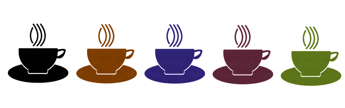 a row of different colored vases on a black background, by Allen Jones, computer art, coffee cup, purple, cappuccino, thumbnail