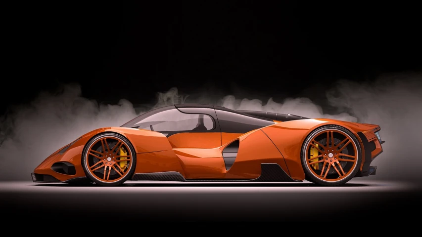 an orange sports car on a black background, zbrush central contest winner, altermodern, architecture render, orange fog, art nouveau ferarri car, car made of meat