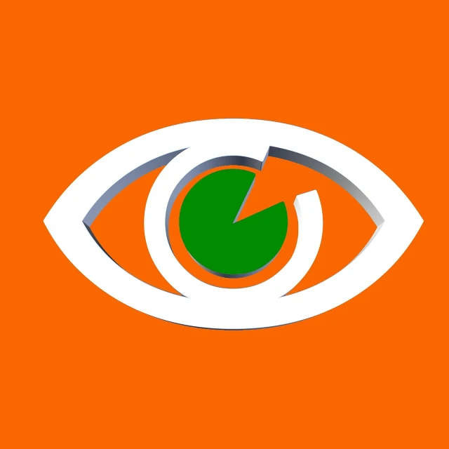 a close up of an eye on an orange background, vector art, optical illusion, 3 d logo, bright accurate green eyes, orange and white color scheme, portlet photo