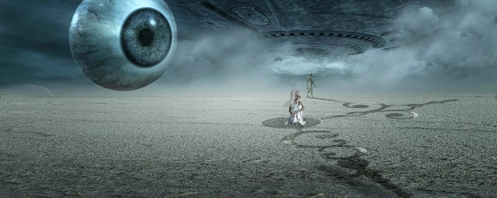 a woman standing in the middle of a desert, digital art, by John Alexander, trending on pixabay, surrealism, alien abduction, human with one robot eye, panoramic view of girl, of a family leaving a spaceship