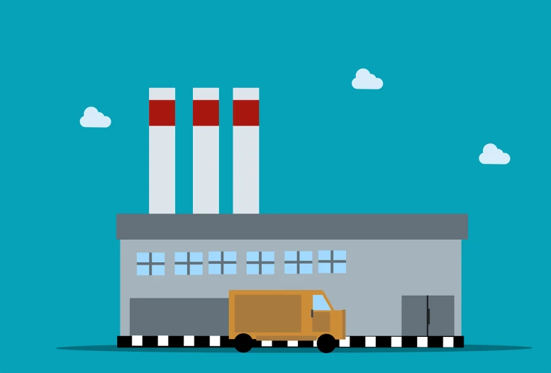 a truck is parked in front of a factory, an illustration of, shutterstock, simple and clean illustration, chimney, miami. illustration