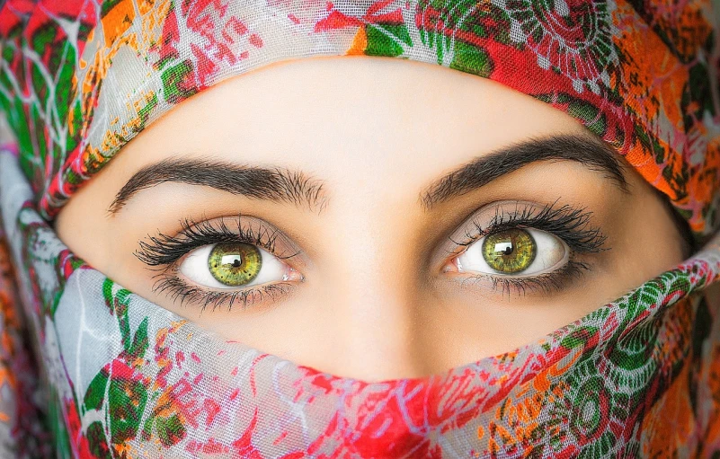 a close up of a woman with green eyes, inspired by Ambreen Butt, trending on pixabay, arabesque, beautiful oriental woman, eyes). full body, bright eyes, i see you