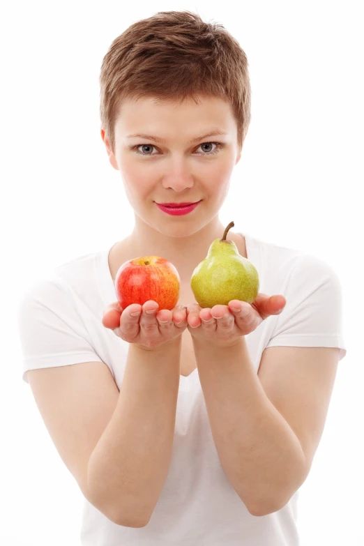 a woman holding two apples and a pear in her hands, a picture, istockphoto, avatar image, pure image without duplication, product introduction photo