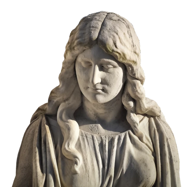 a statue of a woman holding a baby, a marble sculpture, by Achille Leonardi, shutterstock, art nouveau, gothic face, symmetrical front view, made from old stone, high quality image