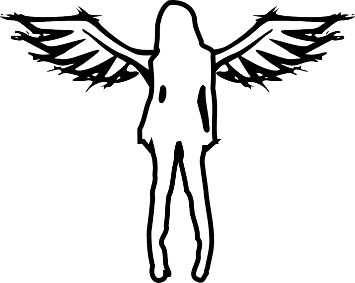 a black and white drawing of a person with wings, trending on pixabay, girl standing, vectorized, full body pov, vector art for cnc plasma