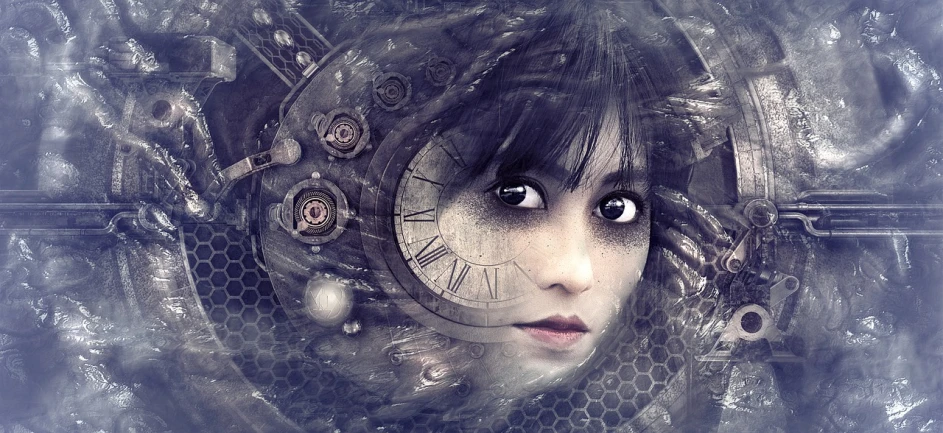 a close up of a person with a clock, digital art, gothic art, young woman's face, robotic faces, traveling through time, spiralling