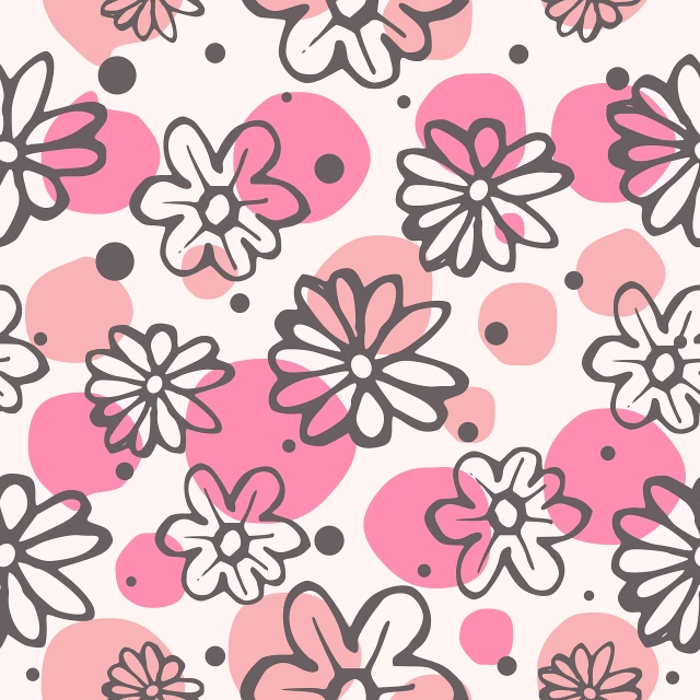 a pattern of pink and black flowers on a white background, vector art, outlined hand drawn, varying dots, cartoon style illustration, peach and goma style