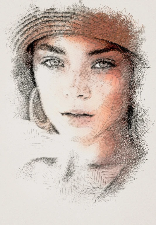 a drawing of a woman wearing a hat, digital art, by Kurt Roesch, behance, digital art, woman with freckles, sketch of a caucasian face, amazing blend effect, mixed media style illustration