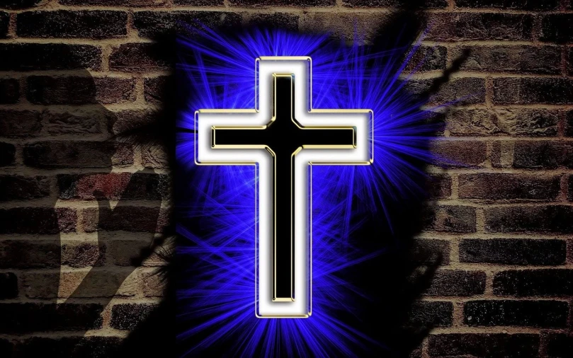 a glowing cross in front of a brick wall, a photo, black and blue, high res photo, computer generated, photo