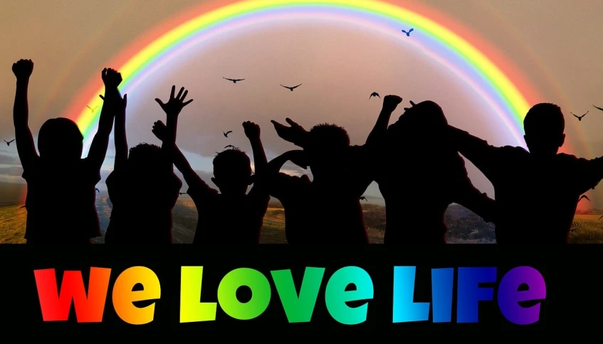 a group of people standing in front of a rainbow, by Elizabeth Jane Lloyd, featured on pixabay, figuration libre, love hate love, cover of life magazine, back - lit, dove
