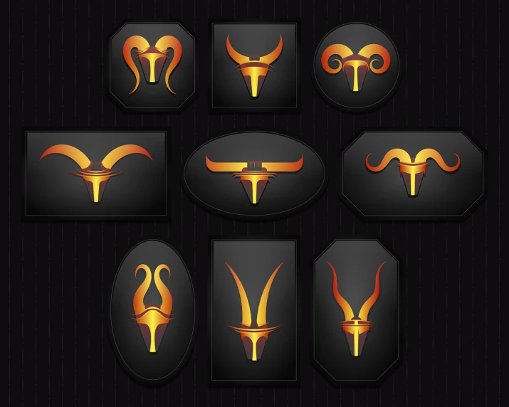 a set of zodiac signs on a black background, art deco, cow horns, shades of gold display naturally, taurus, fiery