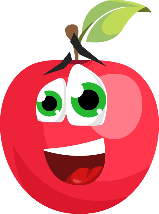 a red apple with a green leaf sticking out of it's mouth, inspired by Heinz Anger, digital art, cute face big eyes and smiley, with a black background, 😃😀😄☺🙃😉😗, happy smiling human eyes