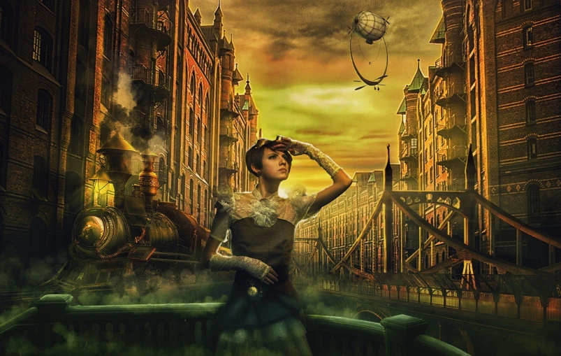 a woman that is standing in front of a train, a matte painting, inspired by John Atkinson Grimshaw, pixabay contest winner, retrofuturism, in a steampunk distopian city, with a yellow green smog sky, portrait of a mechanical girl, golden hour intricate