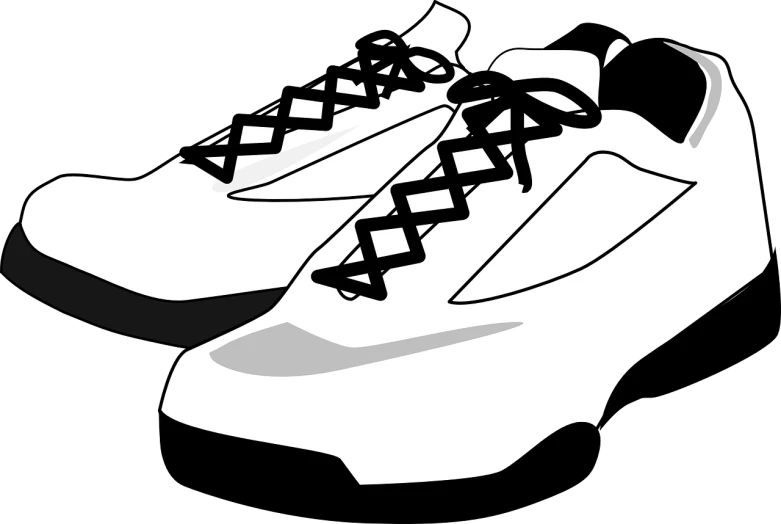 a pair of white sneakers with black laces, a cartoon, trending on pixabay, digital art, white on black, cell shaded graphics, trecking, marker”