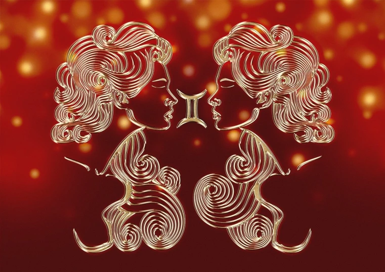 a couple of women standing next to each other on a red background, a digital rendering, by Gwen Barnard, unknown zodiac sign, short golden curls, istockphoto, intricate illuminated lines