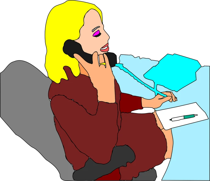 a woman sitting in a chair talking on a cell phone, vector art, by Tom Carapic, pixabay, computer art, ( ( colored pen ) ), blonde, female in office dress, overhead shot