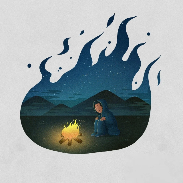 a man sitting in front of a campfire at night, inspired by Jakub Schikaneder, conceptual art, persian folkore illustration, simple and clean illustration, girl, on blue fire