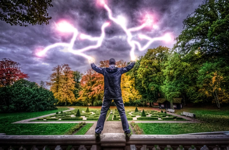 a man standing on a ledge with a lightning bolt in the sky, pixabay contest winner, shock art, time travelers appear in a park, hdr!, standing triumphant and proud, an epic majestical degen trader