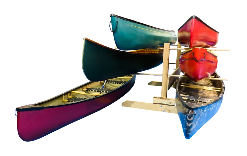 a couple of canoes sitting on top of a wooden stand, assemblage, against a deep black background, multiple colors, wide shot photo, laquer and steel