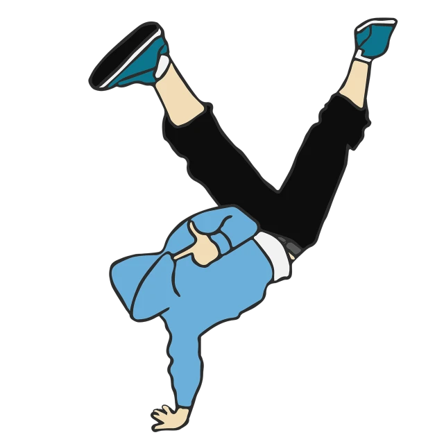 a person doing a handstand in the air, a digital rendering, inspired by Graham Forsythe, graffiti, on a flat color black background, black and blue, cartoon style, lying down