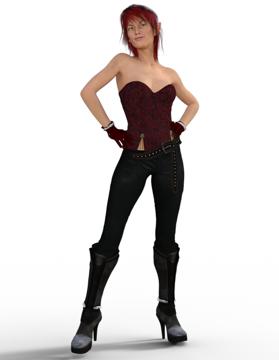 a woman in a corset posing for a picture, a digital rendering, trending on cg society, jeans and black boots, crimson - black color scheme, 8k octae render photo