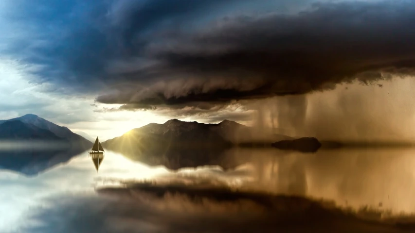 a boat floating on top of a lake under a cloudy sky, a picture, by Alexey Merinov, romanticism, sun shafts, stormy snowy fiji mountain, hell storm, metalic reflection