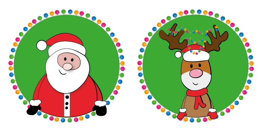 a couple of reindeers that are standing next to each other, by Randy Post, trending on pixabay, naive art, circles, sitting on santa, sanrio ornaments, closeup!!