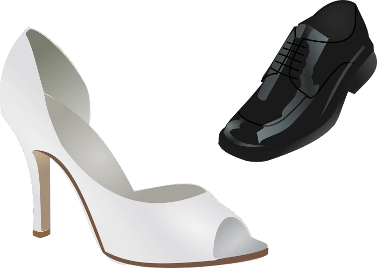 a pair of women's shoes on a white background, a digital rendering, pixabay, white suit and black tie, black and white vector, awww, whole shoe is in picture