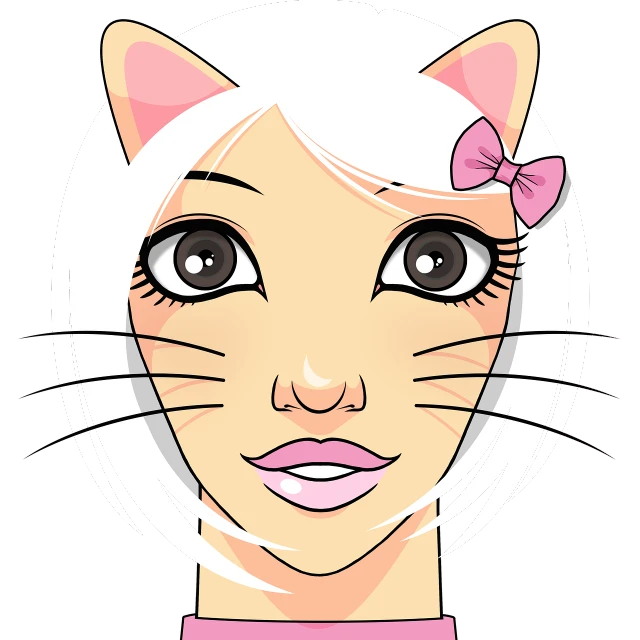 a woman with white hair and a pink bow on her head, a digital rendering, inspired by Margaret Keane, deviantart, pop art, attractive cat girl, rukis. comic book style, with a black background, symmetrical face illustration