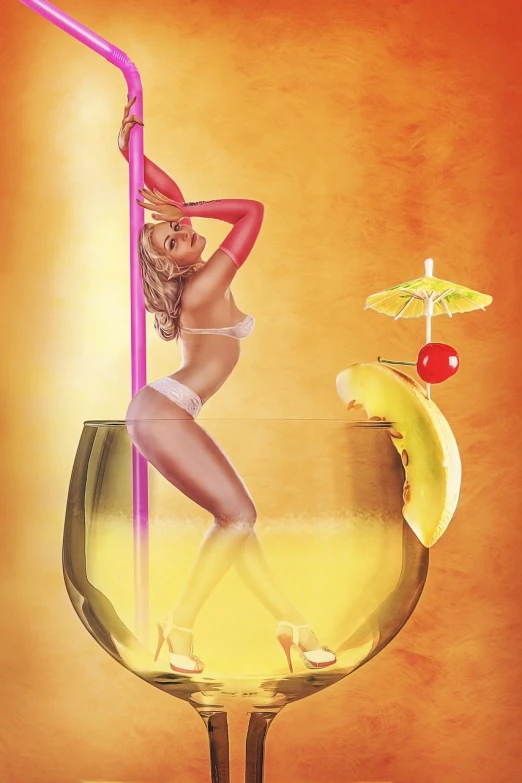 a woman in a bikini sitting on top of a glass, a digital rendering, inspired by Gil Elvgren, digital art, banana, colorful coctail, dancing on a pole, cherry